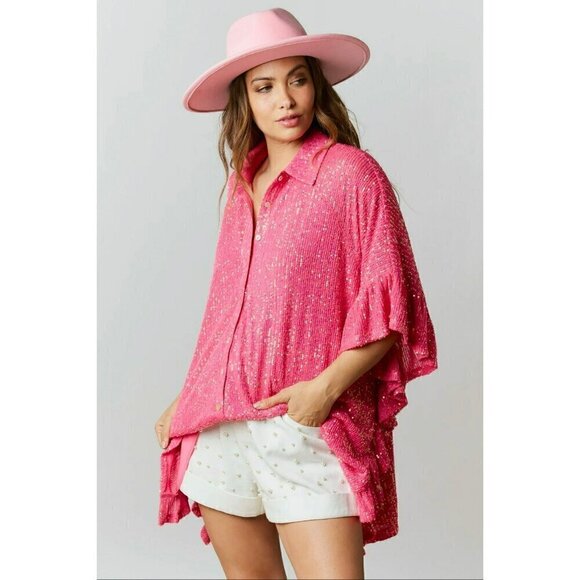 Sweet Dream Sequin Poncho Button-Down Tunic in Hot Pink - Picture 6 of 9